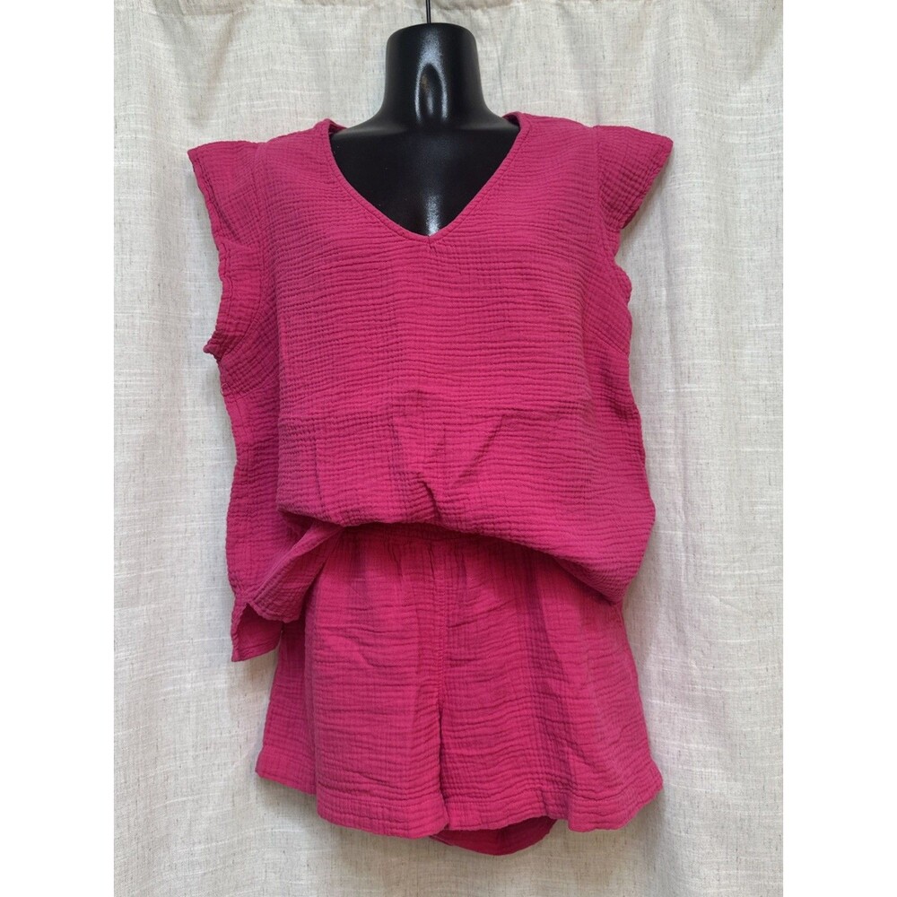 Three Dots Double Gauze Top & Shorts Size L Set Hot Pink 100% Cotton